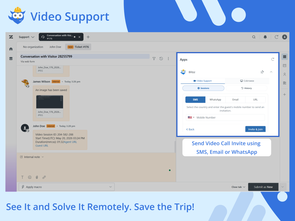 Video and Cobrowse for Support by Blitzz primary marketing image — Video app on the Zendesk Marketplace
